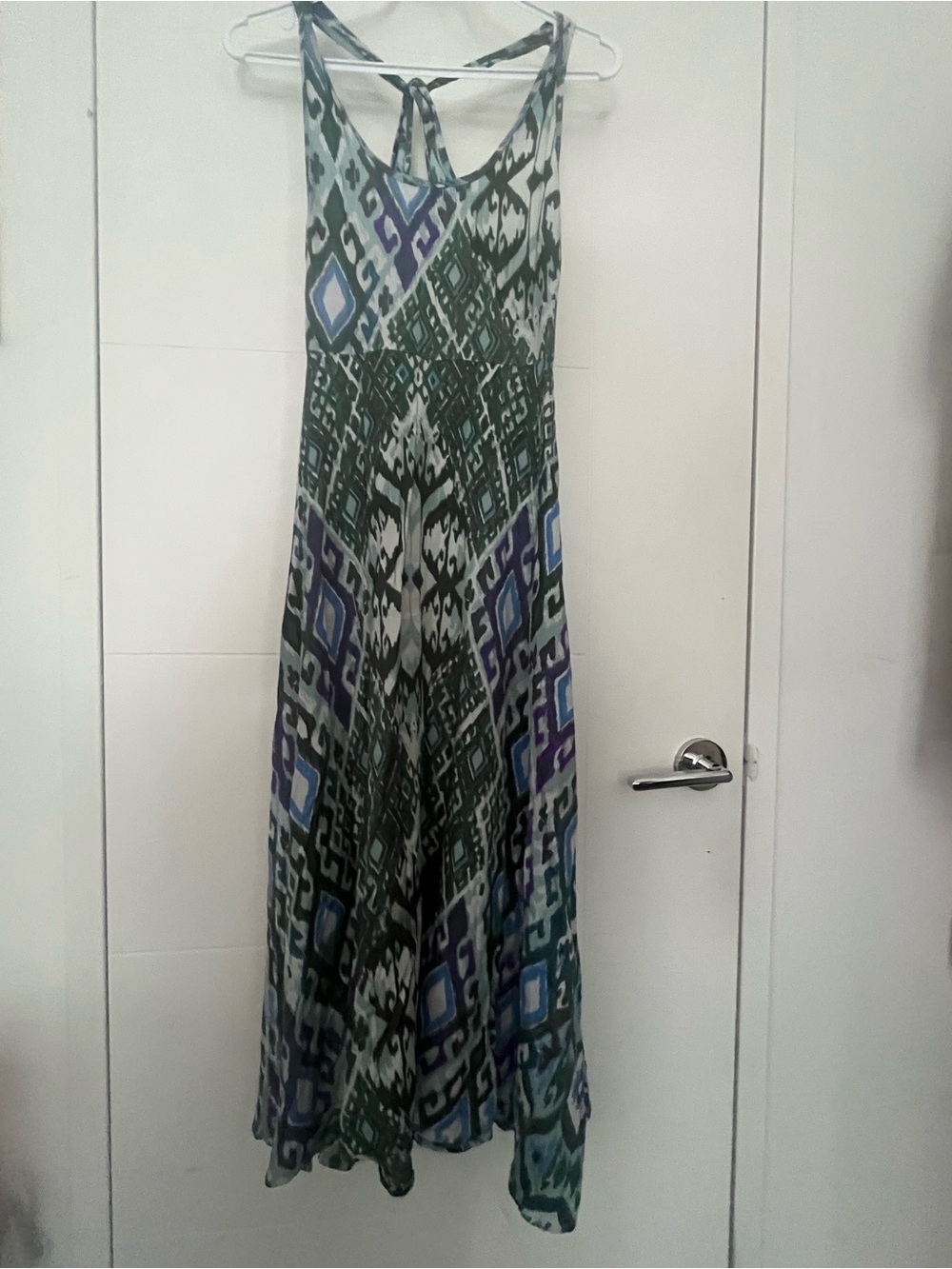 Boho Sleeveless Geometric Print Maxi Beach Dress in Green & Blue